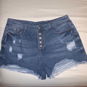 Distressed Button-Closure Jean Shorts